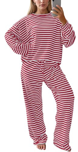 MISSACTIVER Women's Striped 2 Piece Lounge Set Casual Long Sleeve T-Shirt Drawstring Wide Leg Pants Matching Pajamas Set Red