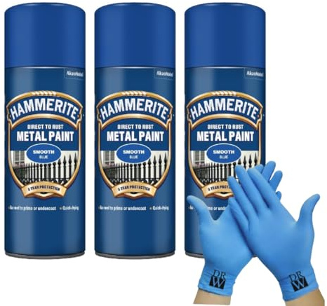 Hammerite Direct to Rust Metal Spray Paint Smooth Blue 400ml Tripple Pack + Free Nitrile Gloves | Fast-Drying Aerosol, Durable Rust Protection for Indoor & Outdoor Metal
