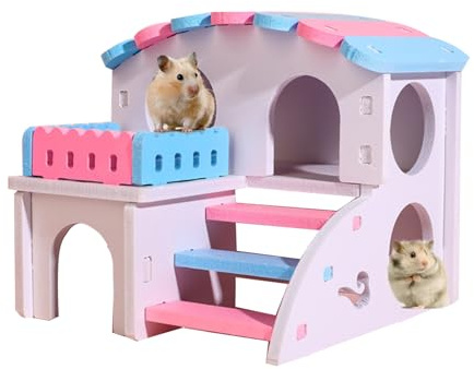 Wooden Hamster House, 2 Level Small Animal Cage with Stairs and Hideout House for Dwarf Hamsters Syrian Hamsters Mice Gerbils, Colorful Wooden Rodent House Playground(style 1, one size)