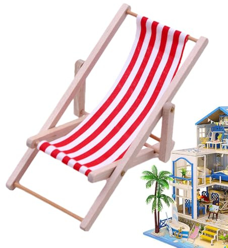 Miniature Chair, Wooden Mini Decorative Deck Chair, Doll Lounger, Beach Chair, Mobile Phone Holder, Mini Lounger Chair, Folding Chair, Fabric Seat for Home, Desk