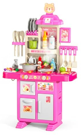Cucina Giocattolo Per Bambini Con Luci E Suoni Realistici 69 Accessori Rubinetto Con Sistema Di Riciclo Dell'Acqua E Fornelli Per Bambini Dai 3-5 Anni Set Cucina (Rosa)