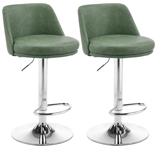 LEADZM Tabouret de Bar Lot de 2 en PU (Vert Foncé) | Chaise de Bar Haute Cuisine, Tabouret Reglable en Hauteur en PU, Rotative 360° avec Dossier et Repose-Pieds