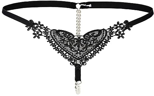 Generico Tanga in Tinta Unita con Perline Trasparenti, Vita Bassa, Pizzo Cuore, Donna, Sexy e Delicato #D