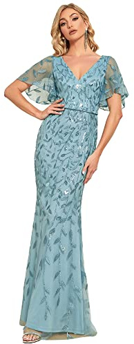 Ever-Pretty Vestito da Cerimonia Lungo Paillettes Stile Impero Scollo a V Maniche Corte Abito Elegante Donna Blu Polveroso 50