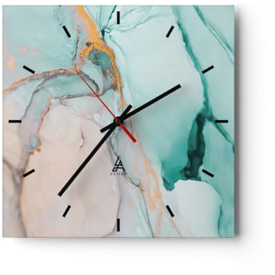Modern Wanduhr Marmor Abstraktion Türkis 40x40cm Quadrat Groß Wand Uhr Glas Analog Zimmeruhren Küche Büro Wohnzimmer Glasuhr Wall Clock Dekoration Design Wanddekoration Küchenuhr C3AC40x40-4451