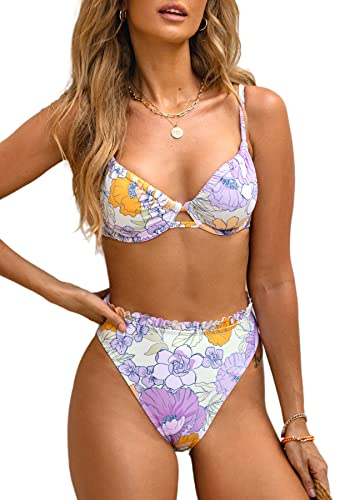 CUPSHE Damen Bikini Set Bügel Tunnelzug High Waist Rüschen Blumenmuster Bademode Zweiteiliger Badeanzug Swimsuit Lavendel M