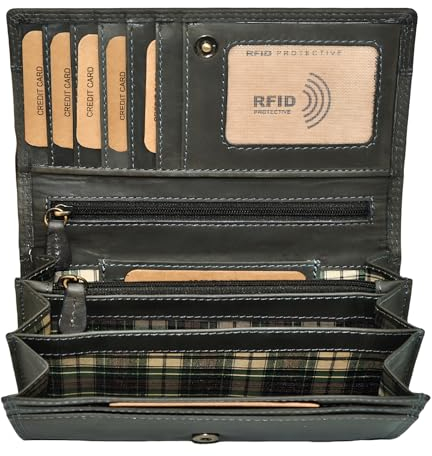 Benthill Geldbörse Damen Leder - Hochwertige Echt-Leder Damen Portemonnaie mit RFID Schutz - Lange Vintage Damenbörse - Frauen Portmonee inkl. Geschenkbox, Farbe:Olive - Grau