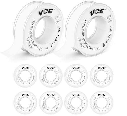 VCELINK 10 Pack PTFE Tape to Stop Leaks, Plumbers Tape with Snap-On Cover | Premium Teflon Sealing for Bathroom, Kitchen and Garden Threaded Pipe Fittings, 12mm x 13m