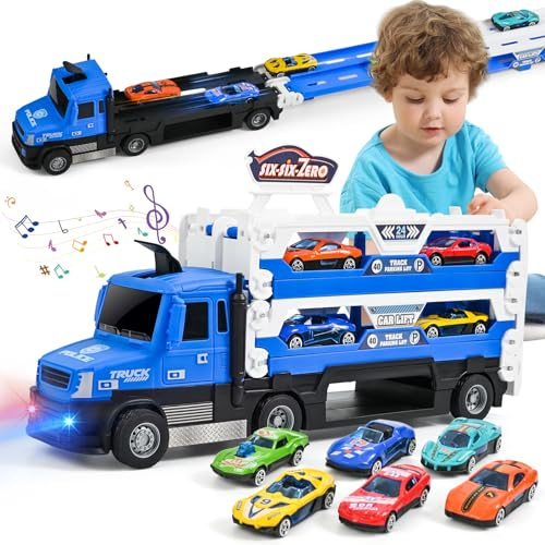 MOONTOY Camion Giocattolo per Bambini, 140cm Pista da Trasporto Pieghevole Auto Eiettabile e 6 Auto da Corsa in Metallo, Camion Porta Macchinine con Luci e Suoni, Regali per Bambini di 3 4 5 6+ Anni