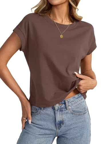 EasyGala Womens Cap Sleeve Crop Tops Cotton T Shirts Crewneck Loose Fit Short Sleeves Tee Summer Fashion Clothes 2026 A-Brown