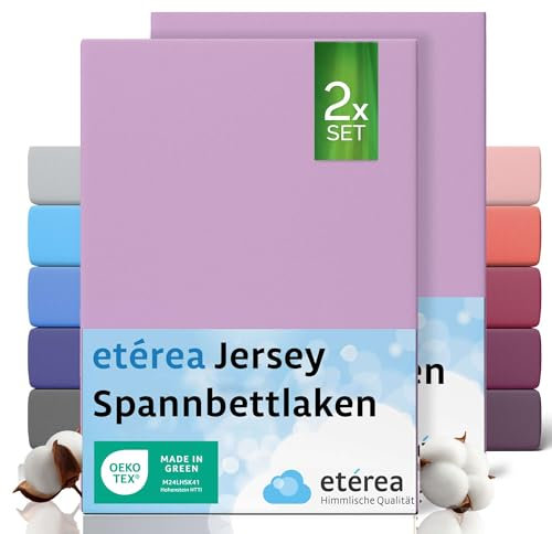 etérea Jersey 2er Set Spannbettlaken 180x200cm - 200x200cm Flieder bis 25 cm Höhe - 100% Baumwolle Spannbetttuch Oekotex - Doppelpack Bettlaken 180x200 cm - 200x200 cm - Lila