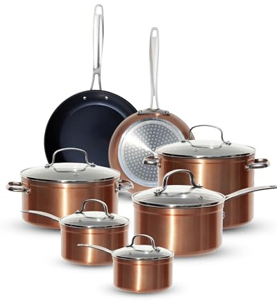 Nuwave Healthy G11-Pots and Pans Set Non Stick, 9H Near-Diamond Hardness Scratch-Resistant, Works on All Stovetops, PFAS Free, with Frying Pans, Saucepans & Glass Lids, Stay-Cool Handles, Copper