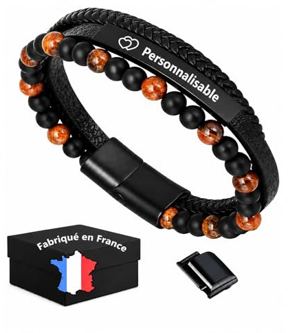 Bracelet Homme Personnalisé – Bracelet en cuir tressé noir gravé prénom ou texte,Gourmette Homme Personnalisable, Bijoux Homme, Cadeau pour Saint-Valentin, Anniversaire, Fête des Pères ou Noël