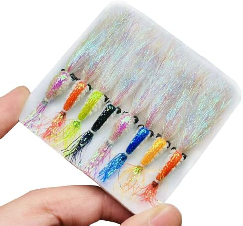 Qitewwrme 8Pc Bionics Crystal Flash Silk Shrimp Artificial Lures Fly Fishing Flies Saltwater Freshwater Bait Fishing for Bass Trout Salmon Hook Size #6 (Mixed Colors)