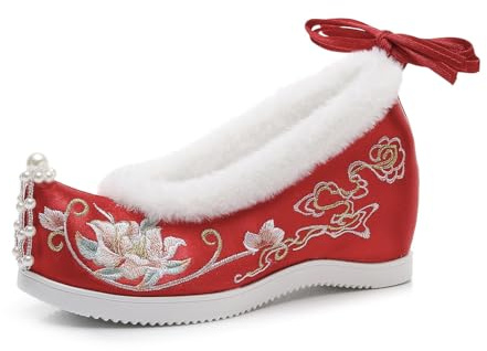 Stivali Invernali Hanfu con Fodera in Peluche, Ricami Floreali, Nappe E Perline, Scarpe da Sposa da Donna in Stile Tradizionale Cinese Shoes Orientali per Spettacoli Teatrali(Red,35 EU)