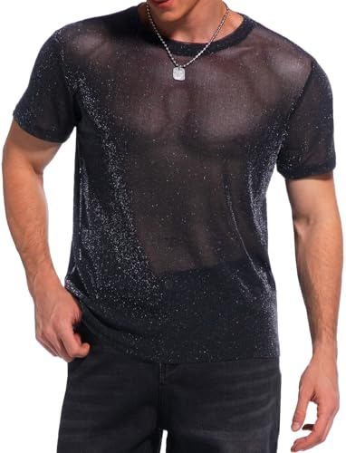 HAWILAND Men Sexy Mesh Glitter Sparkly Sheer Mesh Top Shiny See Through Short Sleeve Rave Disco Party Club T Shirt Black Large