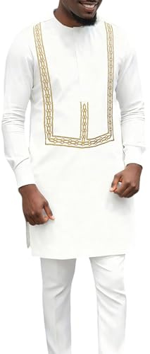 Générique Tenue Africaine Homme Ensemble Traditionnel Tunique à Manches Longues Blanche avec Broderie Dorée Africaine Décontractée, Ensemble Chic et Élégant pour Printemps, Cérémonie et Mariage