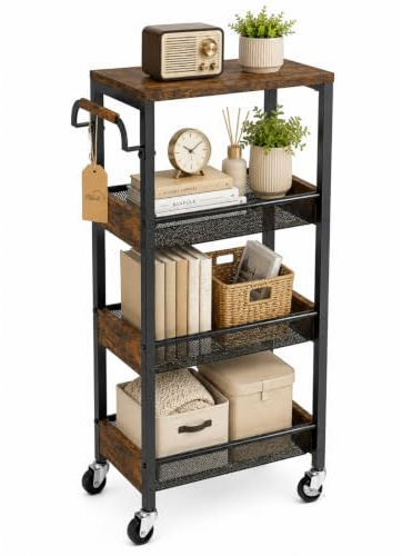Carrello di Archiviazione Stretto a 4 Livelli con Rivestimento in Legno