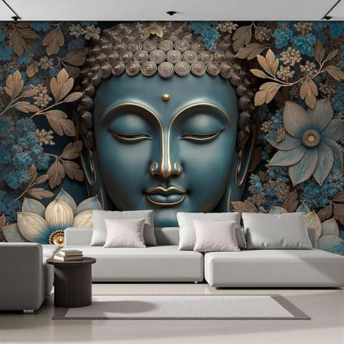 hgjdjhnf Estatuas de Buda con flores exuberantes, tema de meditación, papel tapiz con motivo, decoración de pared con efecto 3D para dormitorio, sala de estar, pasillo, azul grisáceo, 200cm x 140cm