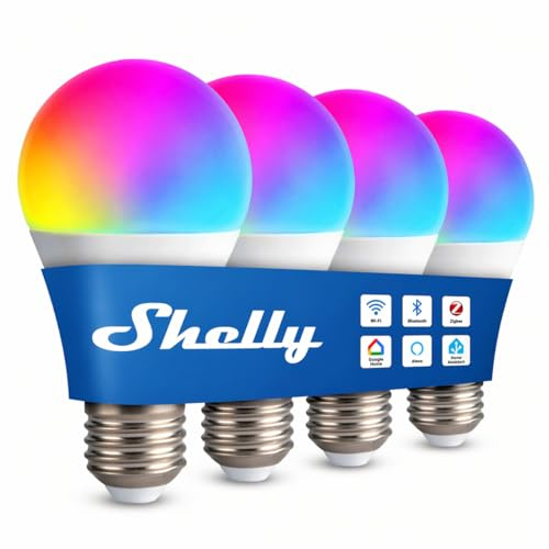 Shelly Multicolor Bulb E27 Gen3 - Lampadina Smart WiFi LED RGBW, 9W, 800lm, 16 Milioni di Colori, Colore 2700K-6500K, Dimmerabile, Modalità Sicurezza, Controllo Vocale, Nessun Hub Richiesto (4 Pezzi)