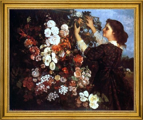 Gustave Courbet The Trellis (also known as Young Woman Arranging Flowers) - 20 x 25 Premium Canvas Print with Gold Frame