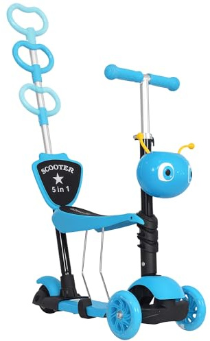 HOMCOM 3 en 1 Patinete para Niños de +18 Meses o Scooter de 3 Ruedas con Asiento Extraíble Manillar Mango de Empuje Altura Ajustable 62x25x72,5 cm Azul