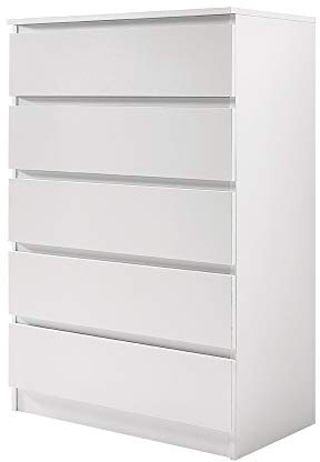 Panana Wooden 3/4/5/6 Chest of Drawers with Metal Runners Modern Bedside Storage Cabinet for Living Room Hallway Bedroom (White, 5 Drawer Chest)