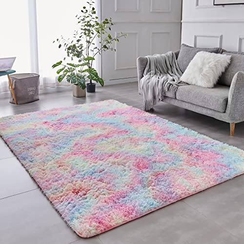 ROHATIM Hochflor Teppich Wohnzimmer Super weich Shaggy Teppich Flauschiger,Soft Area Rug Schlafzimmer Teppiche Super weich Fluffy Kindermatte Carpet(Regenbogen,120 x 160 cm)