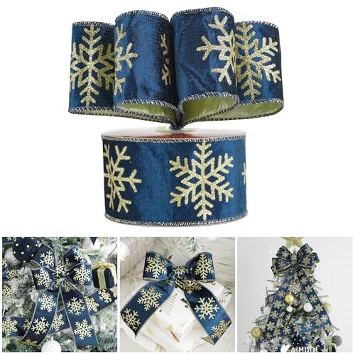 AIMUDI Navy Blue Velvet Ribbon 2.5 Inch Navy and Gold Snowflake Christmas Wired Ribbon for Gift Wrapping, Wreaths, Christmas Trees, Garlands, Holiday Crafts, Topper Bows, Home Decor 10 Yards