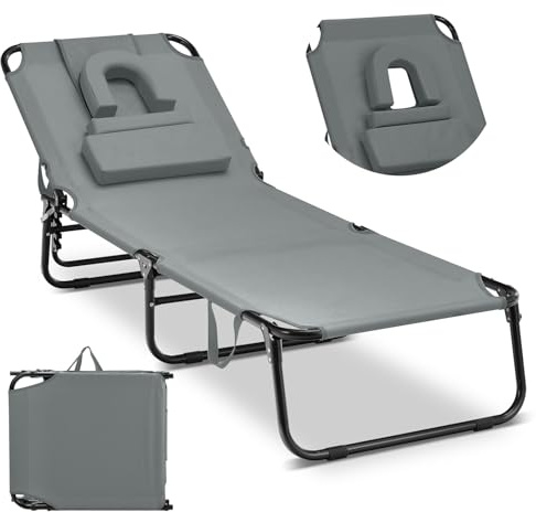 COSTWAY Chaise Longue Pliante, Bain de Soleil Réglable à 5 Positions, Charge 150kg, Trou pour Visage, 3 Coussins Amovible, Tissu Oxford, Sangle, Transat Jardin Exterieur pour Plage Piscine(Gris)