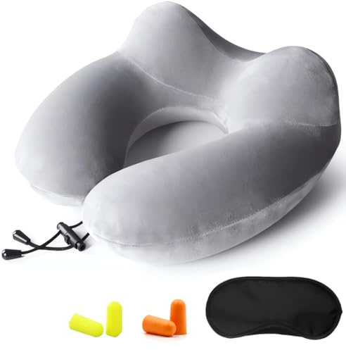 Constefire Cuscino da Viaggio Gonfiabile a 2 Supporti,Cuscino per il Collo Ergonomico con Tappi per le Orecchie e Maschera per gli Occhi Ideale per viaggiare in aereo,auto e treno (grigio) (Grigio)