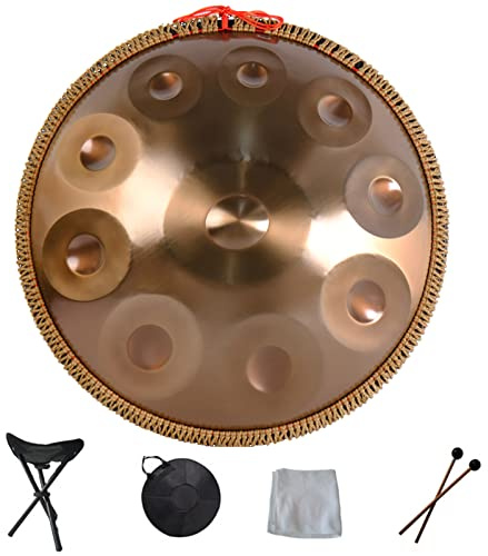 Generic Handpan - Tambour de percussion professionnel en acier au carbone - 9, 10, 12, 14 notes - Avec étui, maillets, support et chiffon à poussière - Pour méditation, yoga, zen - En bronze