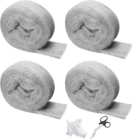 4 Rollen Mäuse Nr. 2 Stahlwolle, Bauschaum Gegen Mäuse, 12m Wirksam Stahlwolle Gegen Mäuse, Ausgestattet Mit Schere Und Handschuhen, Geeignet Für Haushalte, Rattenlöcher, Garagen Und Gärten