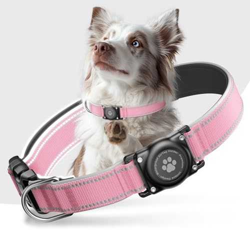 Airtag - Collare per cani – 100% impermeabile, per Apple AirTag, riflettente, morbido imbottito, durevole, per cani di taglia media (rosa, L (12,6 – 18,1)