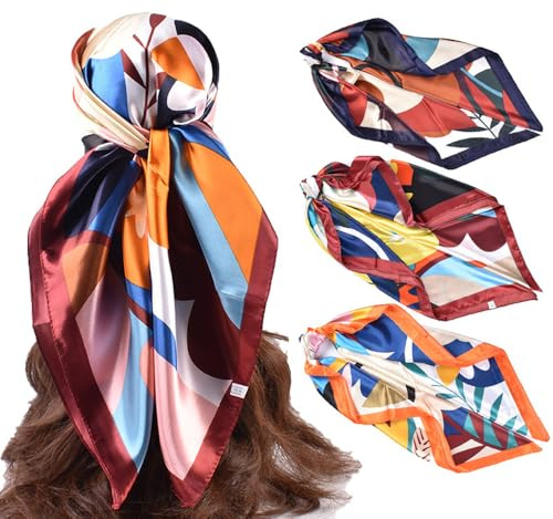 YqsIbth Large Square Satin Head Scarf, 3 Pack Silk Head Scarf, 35 Inch Headscarf for Women's Hair Large Square Scarf for Sleeping and Hair Wrapping(3 Color)