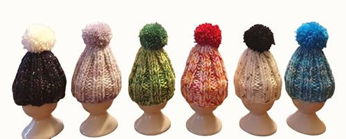 6 er Set Eierwärmer mit Puschel Pompom handgestrickt Pudelmütze viele Farben bunt reine Handarbeit Handmade gestrickt