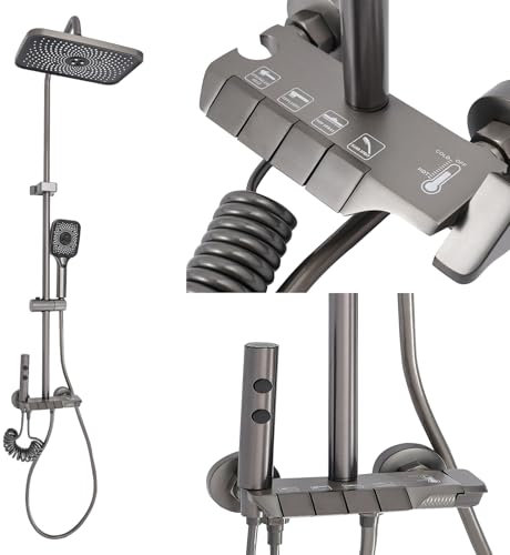 VonVVer Duschsystem mit Thermostat Grau 38-45℃ Regendusche mit Armatur Duschgarnitur Set mit Handbrause Verstellbare Duschstange ohne LED Digitalanzeige Mischbatterie