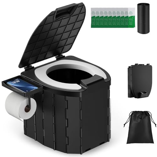 Portable Toilet for Adults, Foldable Camping Toilet Travel Floding Potty with Lid & Paper Holder, Upgrade Water Barrier,Compact Lightweight Design for Car/RV/Hiking/Beach/Camping,450lbs Capacity