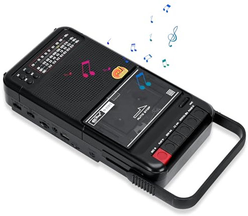 Boombox Lecteur de cassettes portable rétro compatible SD/MMC/USB/lecture de cassettes, bandes radio AM/FM/SW, qualité sonore HiFi, haut-parleur intégré (Noir)