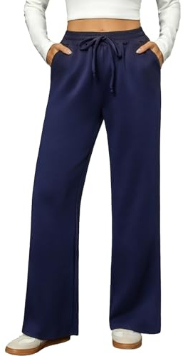 Totatuit Pantalón Mujer Invierno Ancho Recto Cintura Alta con Bolsillos Jogging Casual Cálido Ajustable con Cordón Azul Marino，XXL