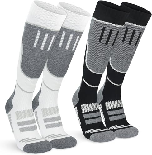 KOOOGEAR Calzini da sci da donna, termici al ginocchio, 2 paia di calzini da snowboard, spessi, invernali, caldi, per sport all'aria aperta, a compressione, extra cuscini, assorbono il sudore, nero