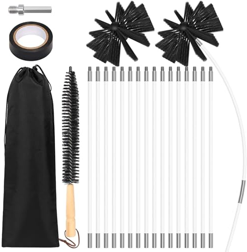 Newthinking 24 PCS Chimney Cleaning Brush Kit, Duct Vent Rotary Cleaning Tools with 18 Flexible Nylon Rods and 2 Nylon Brush Heads for Flue, Fireplace, Pipe, Including Long Wood Brush and Storage Bag