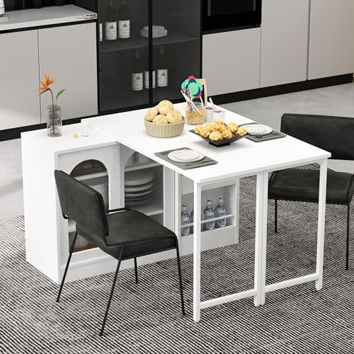 KecDuey Mesa de bar moderna, extensible, giratoria 360°, con espacio de almacenamiento, mesa de comedor reversible con puerta de armario de cristal, mesa de bar para cocina, muebles de bar (blanco)