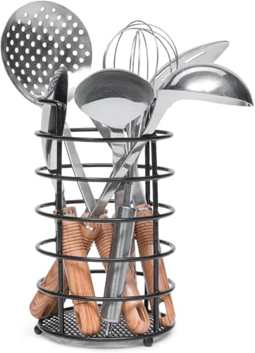 Besto Pack of 2 Utensil Holder for Kitchen | Black Coated Steel Cooking Utensil Storer| Steel Mesh Basket Cutlery Rack for Kitchen Forks, Knives, & Spoons