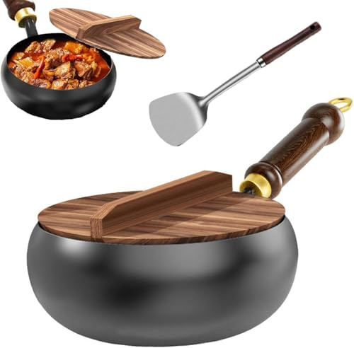 Handsmidd Japansk Järnwok Med Trälock – Natural Non-stick Cast Iron Wok – Obelagd Wok I Rostfritt Stål – Kompatibel Med Induktionsgas Och El, 28cm