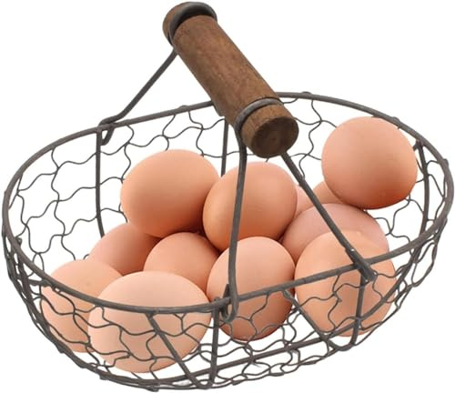 Cesta de almacenamiento de huevos, cesta de hierro para huevos de gallina, cesta de huevos rústica con mango de madera, cesta de almacenamiento de picnic con diseño de granja, contenedor decorativo