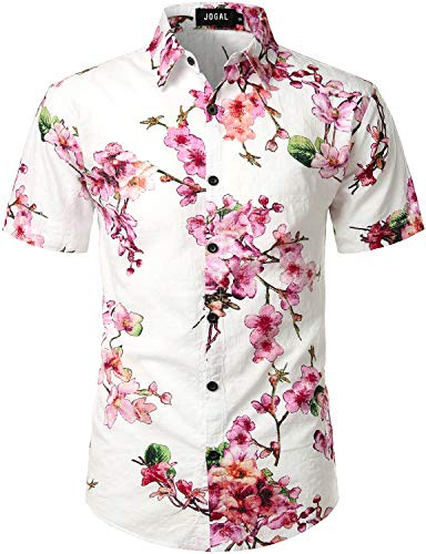 JOGAL Mens Flowers Casual Aloha Hawaiian Shirt Large WhitePeach