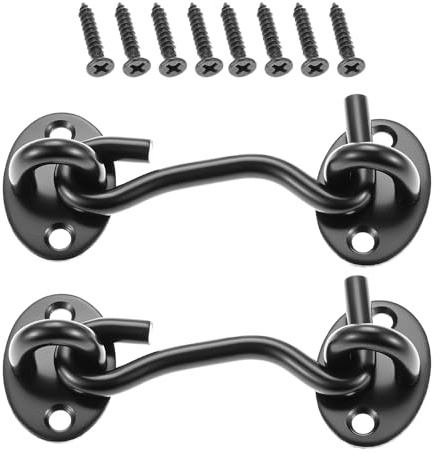 Black 3ins Cabin Hooks and Eye Latch Lock for Patio Doors Shed Gate 75mm Catch Silent Holder Stainless Steel 2Pcs