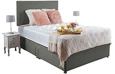 GHOST BEDS Prague Divan Bed Set + 10 Memory Sprung Mattress + Free 20 Headboard AVAILABLE (Grey Plush Velvet, 3FT SINGLE)
