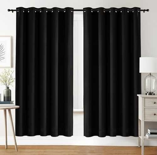 Utopia Bedding Blackout Curtains Grommet Thermal 2 Panels Drapes [Black, 66 x 90 Inches] Sound Insulated Curtain for Bedroom and Living Room